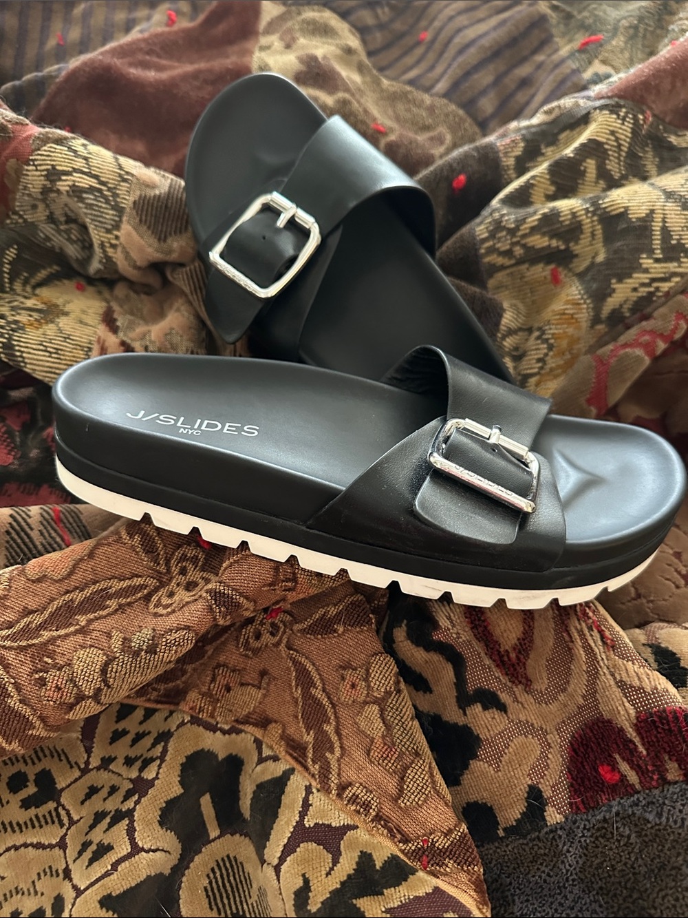 J/SLIDES Black Slide Sandals with Silver Buckles, NWOT